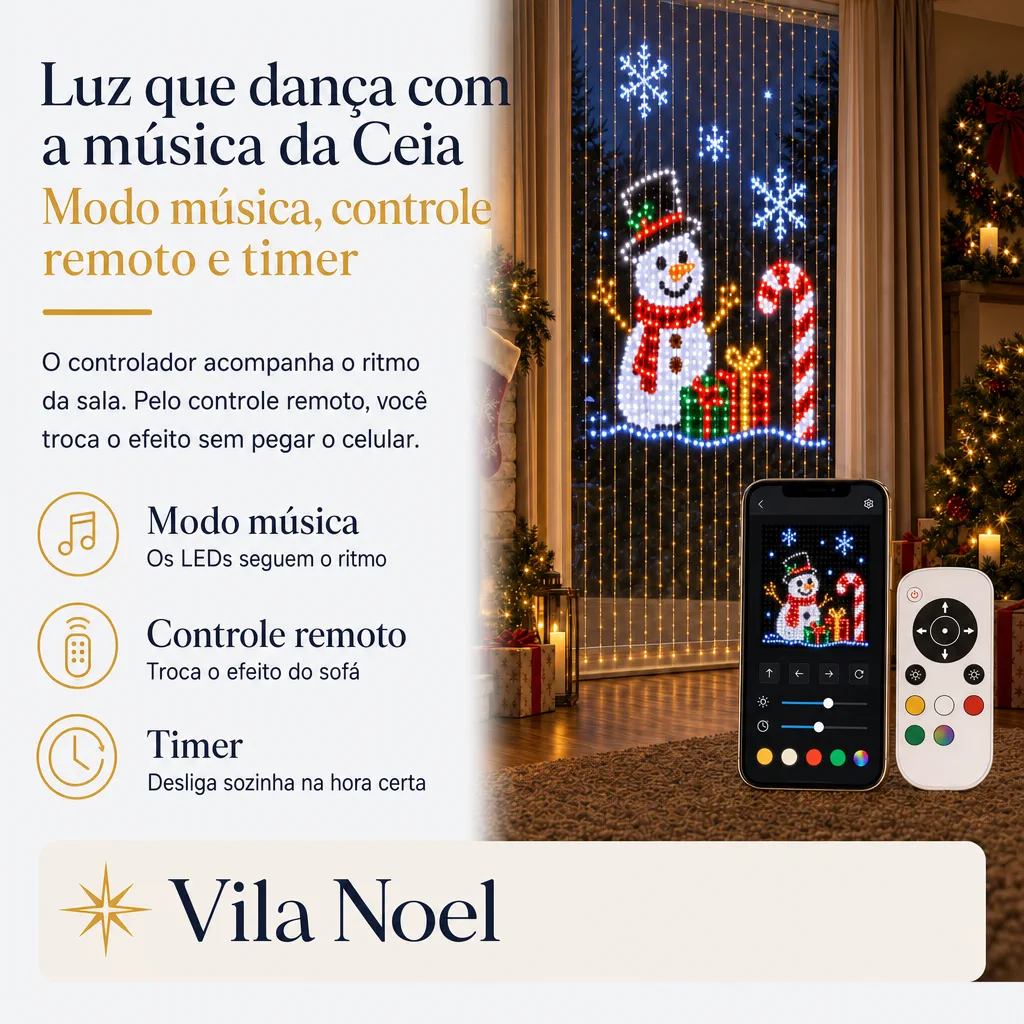 modo música, controle remoto e timer