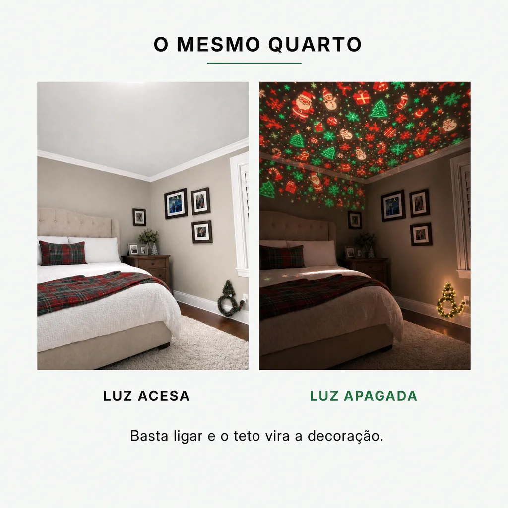 o mesmo quarto com a luz acesa e apagada